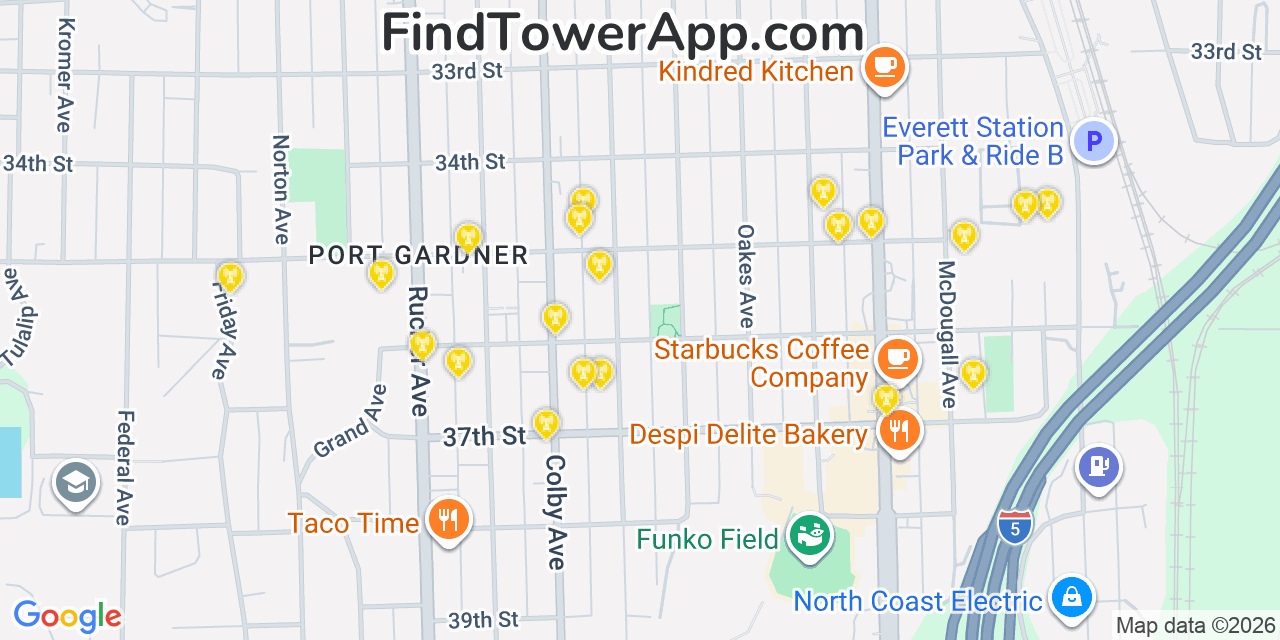 Map showing the 20 primary cell tower locations detected in Everett, Washington from AT&T, Verizon, and T-Mobile networks