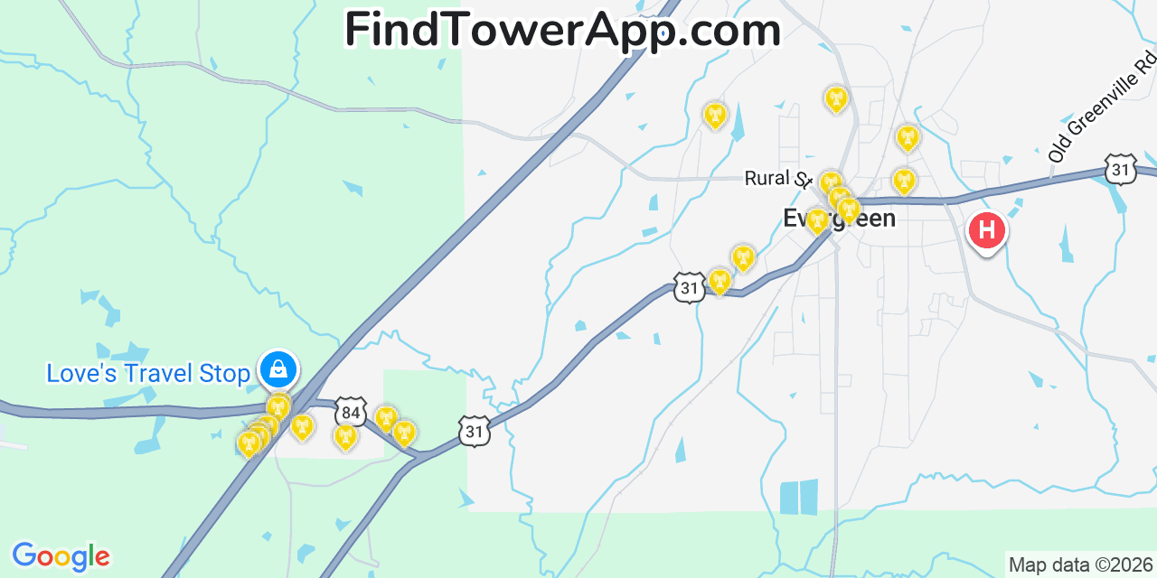 Map showing the 20 primary cell tower locations detected in Evergreen, Alabama from AT&T, Verizon, and T-Mobile networks