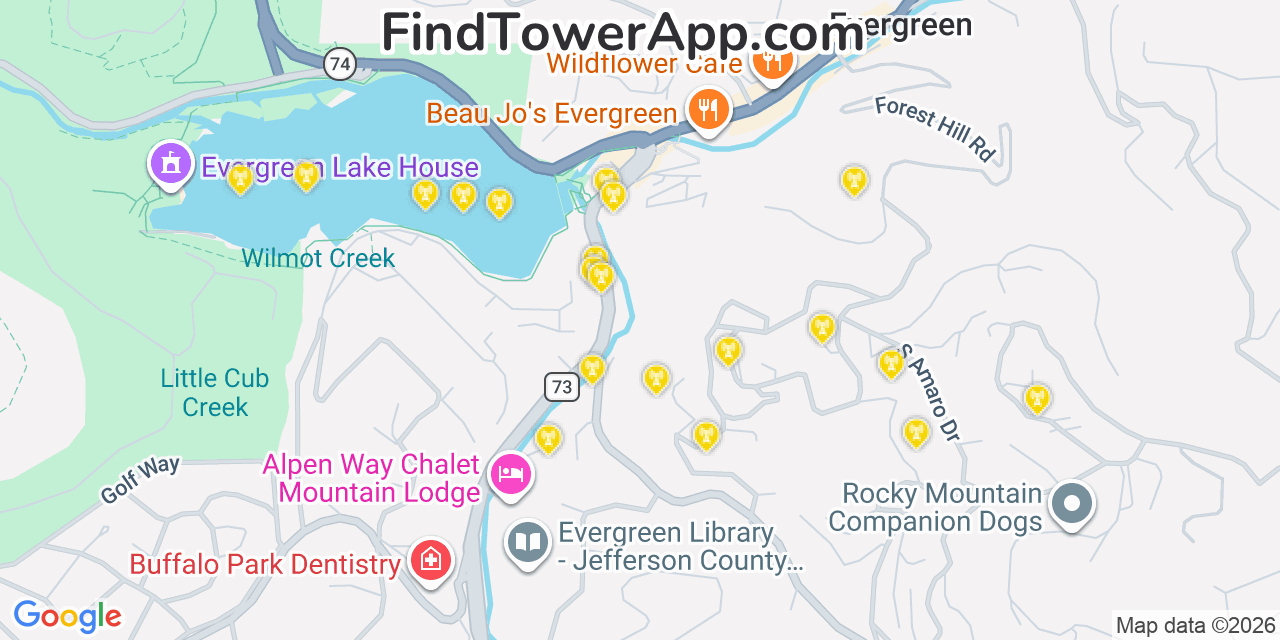 Map showing the 20 primary cell tower locations detected in Evergreen, Colorado from AT&T, Verizon, and T-Mobile networks
