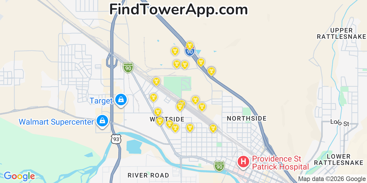 Map showing the 20 primary cell tower locations detected in Evergreen, Montana from AT&T, Verizon, and T-Mobile networks