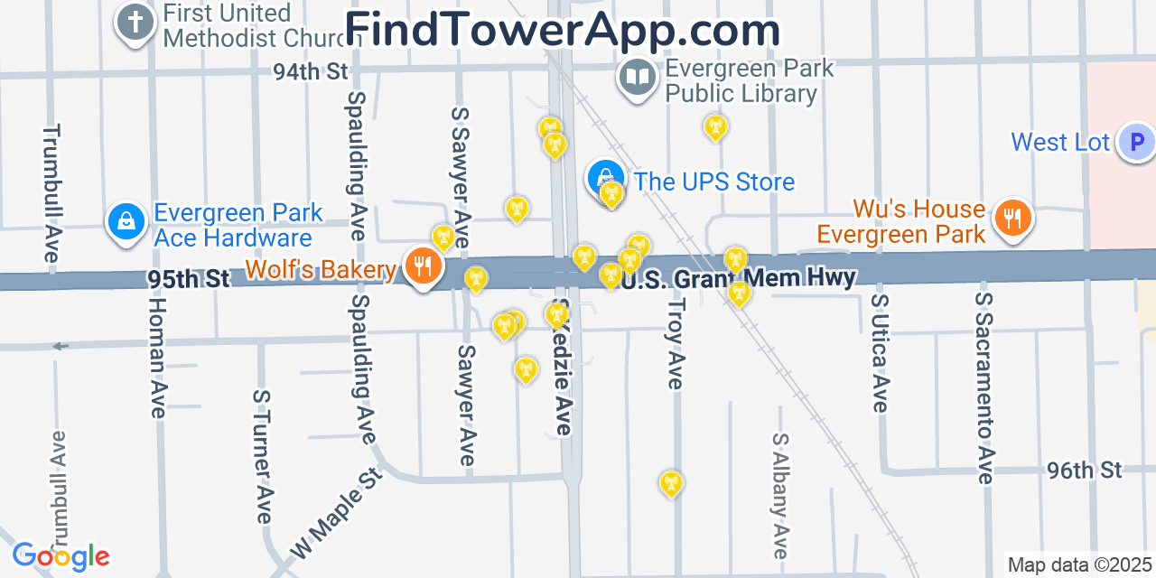 Map showing the 20 primary cell tower locations detected in Evergreen Park, Illinois from AT&T, Verizon, and T-Mobile networks
