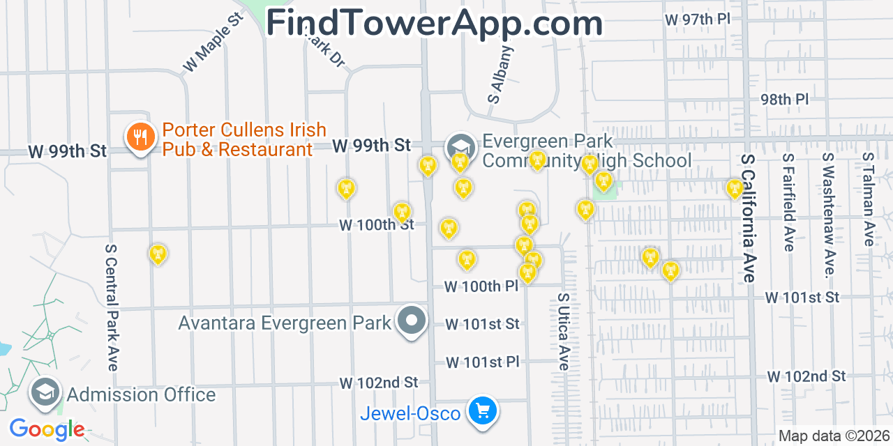 Map showing the 20 primary cell tower locations detected in Evergreen Park, Illinois from AT&T, Verizon, and T-Mobile networks