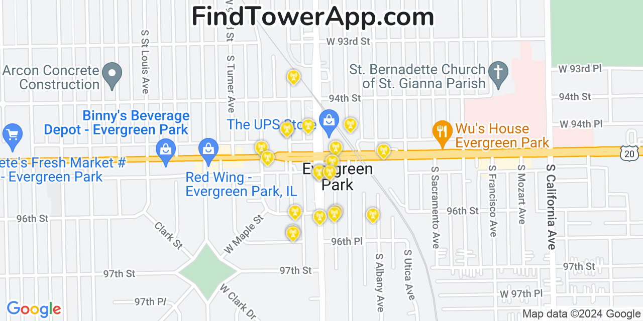 Verizon 4G/5G cell tower coverage map Evergreen Park, Illinois