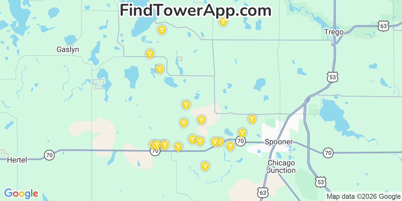 Map showing the 20 primary cell tower locations detected in Evergreen, Wisconsin from AT&T, Verizon, and T-Mobile networks