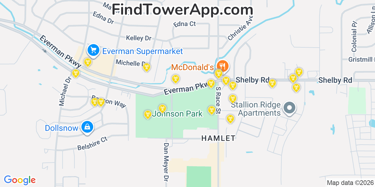 Map showing the 20 primary cell tower locations detected in Everman, Texas from AT&T, Verizon, and T-Mobile networks