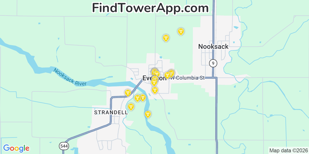 Map showing the 20 primary cell tower locations detected in Everson, Washington from AT&T, Verizon, and T-Mobile networks