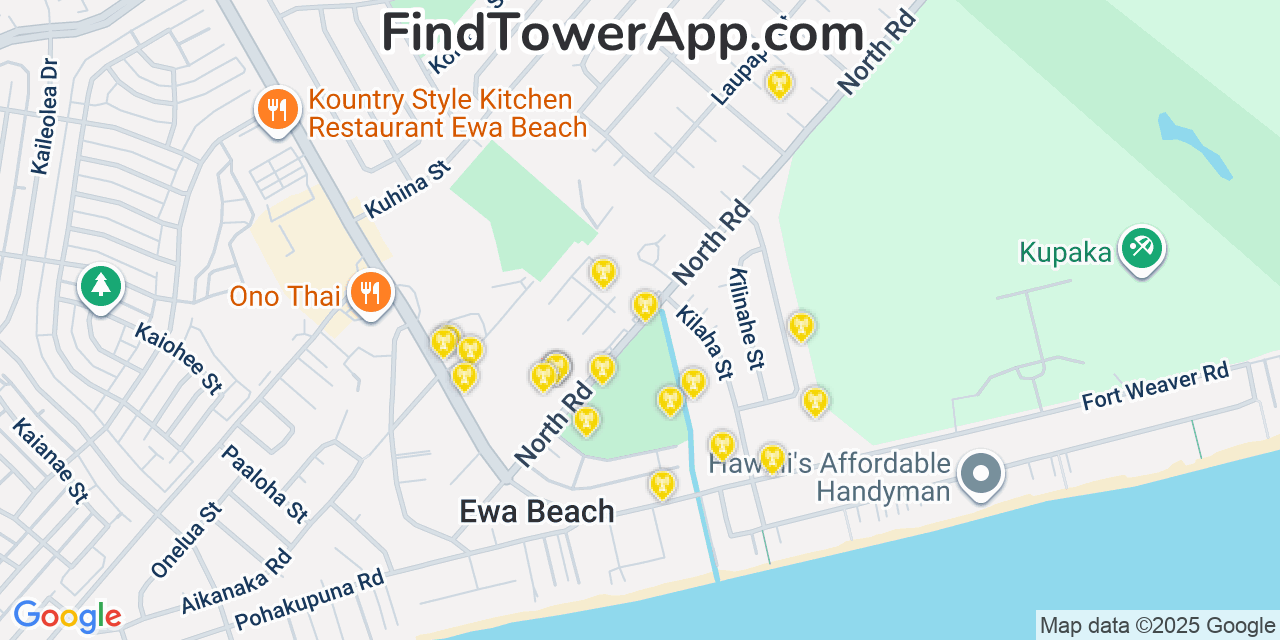 Map showing the 20 primary cell tower locations detected in Ewa Beach, Hawaii from AT&T, Verizon, and T-Mobile networks