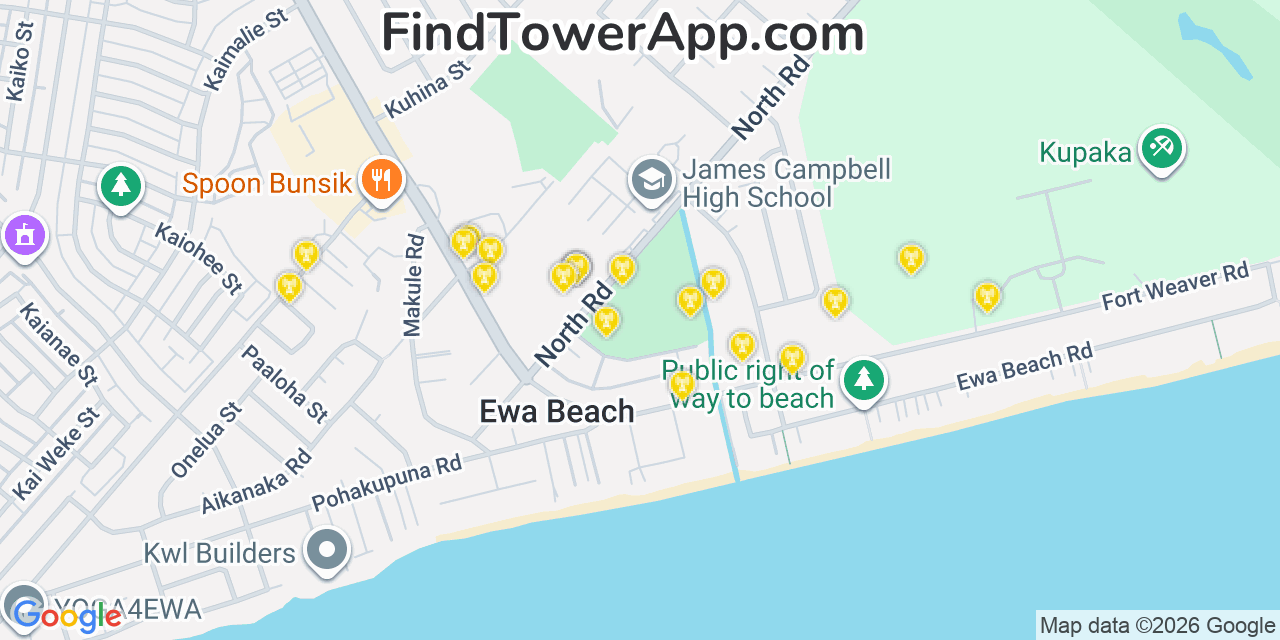 Map showing the 20 primary cell tower locations detected in Ewa Beach, Hawaii from AT&T, Verizon, and T-Mobile networks