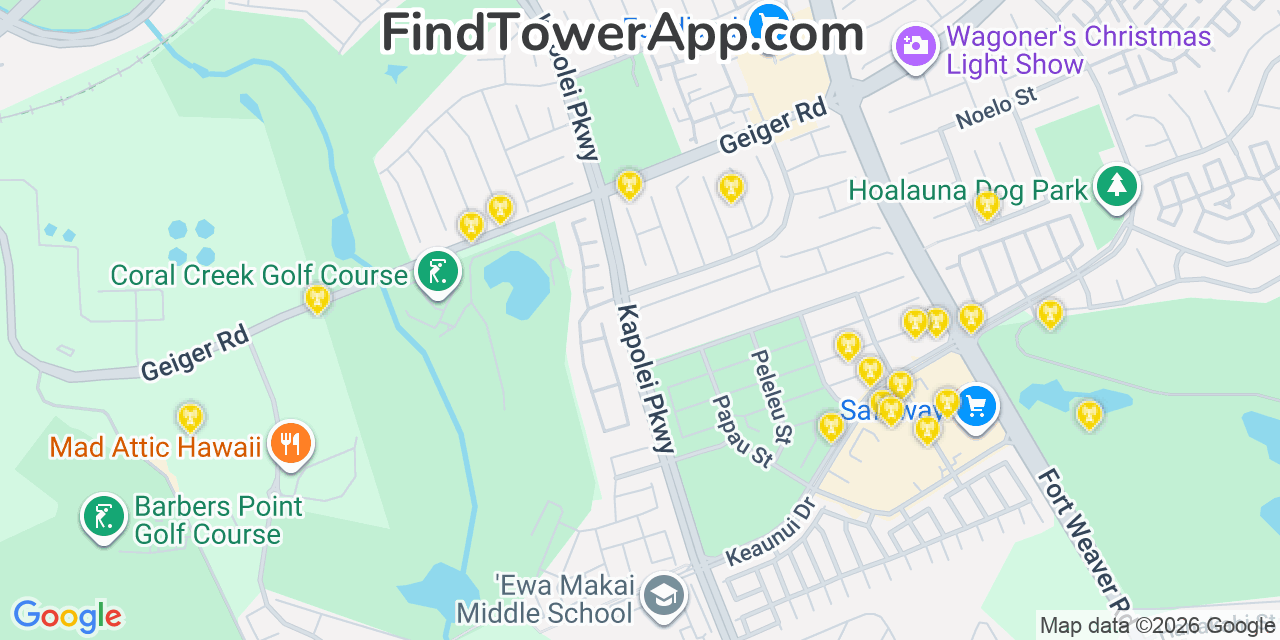 Map showing the 20 primary cell tower locations detected in Ewa Gentry, Hawaii from AT&T, Verizon, and T-Mobile networks