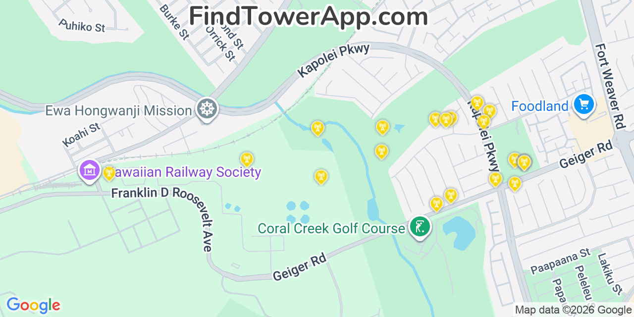 Map showing the 20 primary cell tower locations detected in Ewa Villages, Hawaii from AT&T, Verizon, and T-Mobile networks