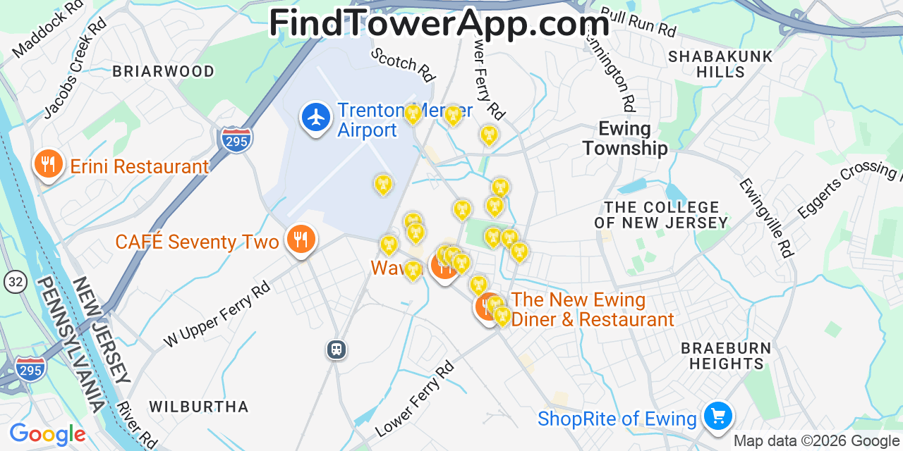 Map showing the 20 primary cell tower locations detected in Ewing, New Jersey from AT&T, Verizon, and T-Mobile networks