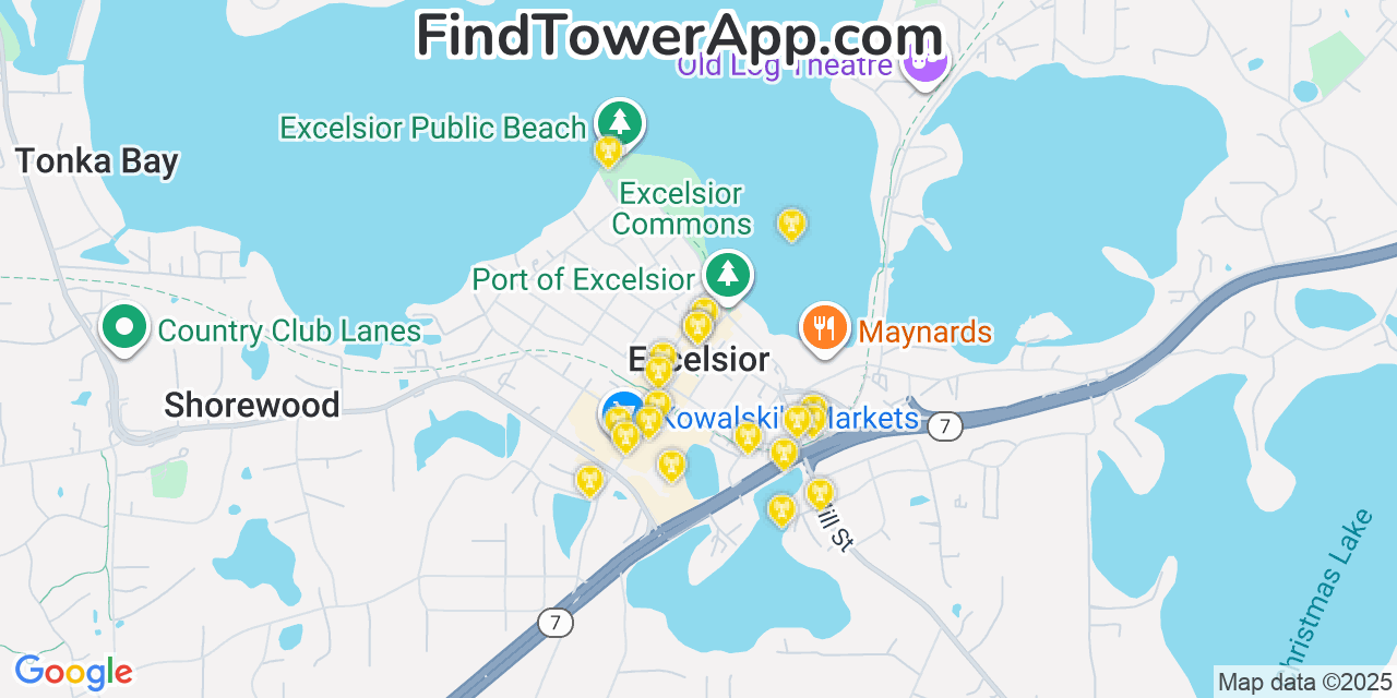 Map showing the 20 primary cell tower locations detected in Excelsior, Minnesota from AT&T, Verizon, and T-Mobile networks