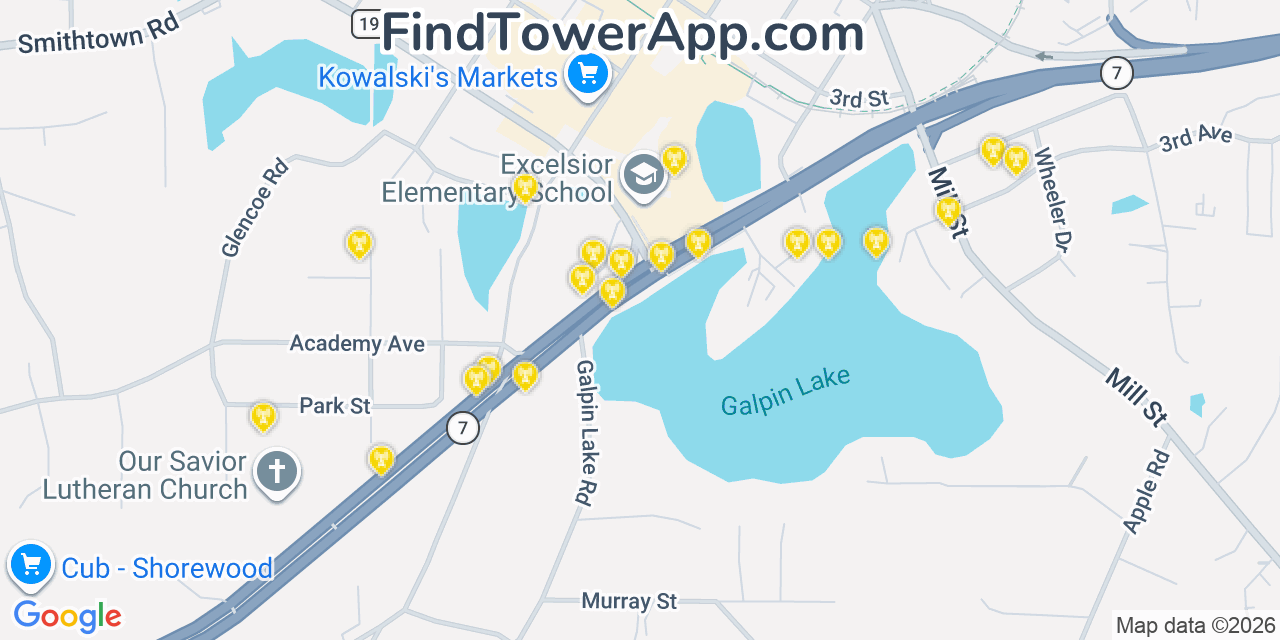Map showing the 20 primary cell tower locations detected in Excelsior, Minnesota from AT&T, Verizon, and T-Mobile networks