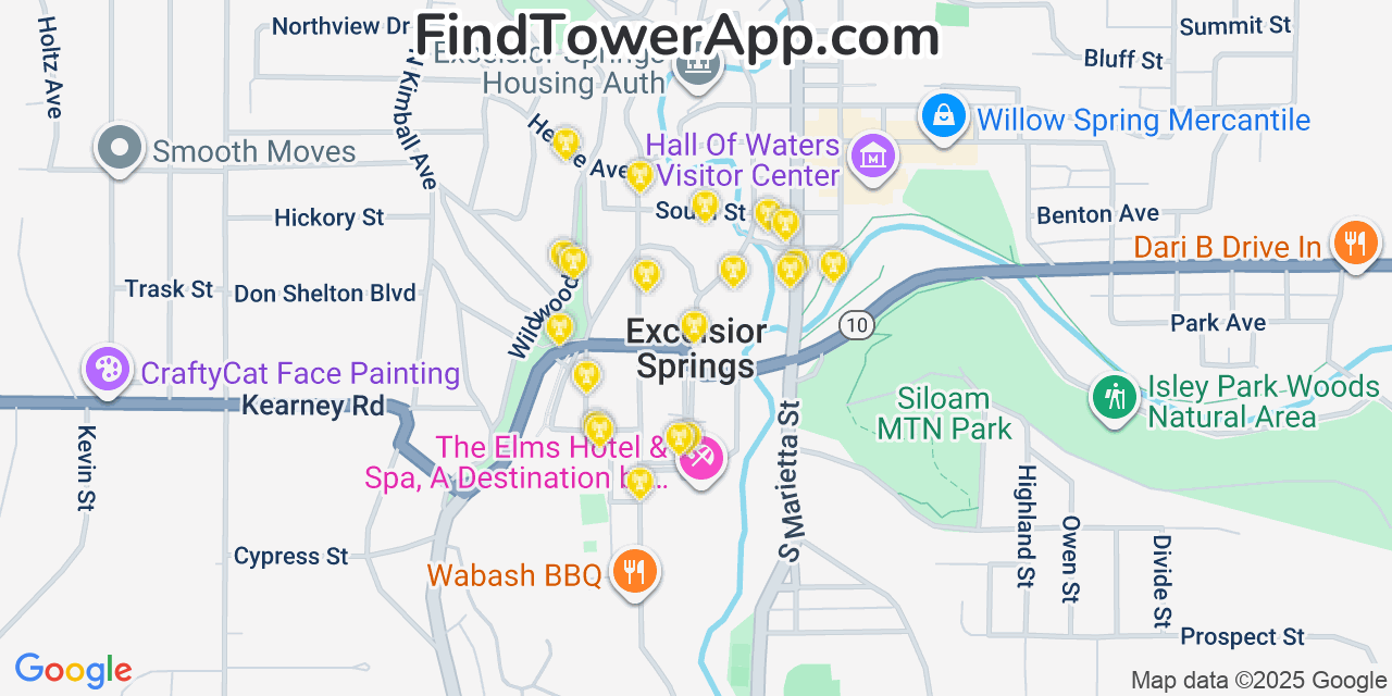 Map showing the 20 primary cell tower locations detected in Excelsior Springs, Missouri from AT&T, Verizon, and T-Mobile networks