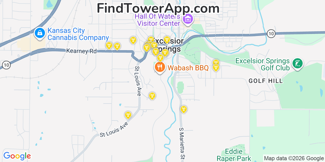 Map showing the 20 primary cell tower locations detected in Excelsior Springs, Missouri from AT&T, Verizon, and T-Mobile networks