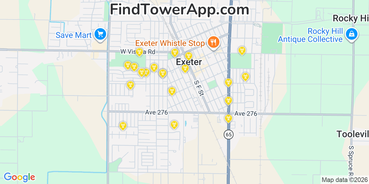 Map showing the 20 primary cell tower locations detected in Exeter, California from AT&T, Verizon, and T-Mobile networks