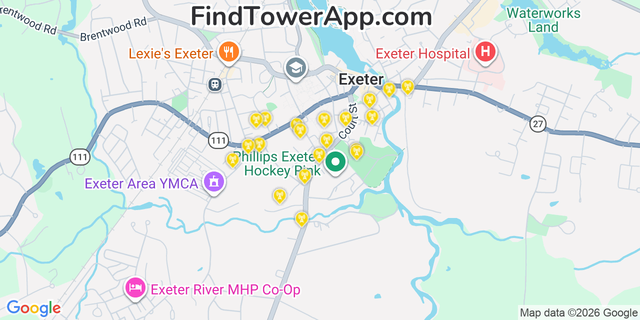 Map showing the 20 primary cell tower locations detected in Exeter, New Hampshire from AT&T, Verizon, and T-Mobile networks