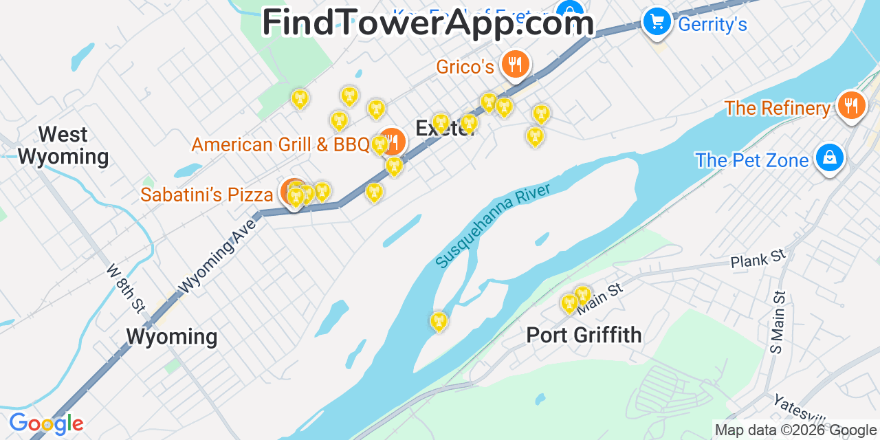 Map showing the 20 primary cell tower locations detected in Exeter, Pennsylvania from AT&T, Verizon, and T-Mobile networks