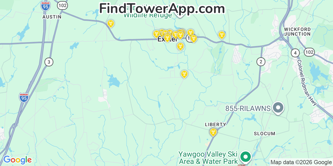 Map showing the 20 primary cell tower locations detected in Exeter, Rhode Island from AT&T, Verizon, and T-Mobile networks