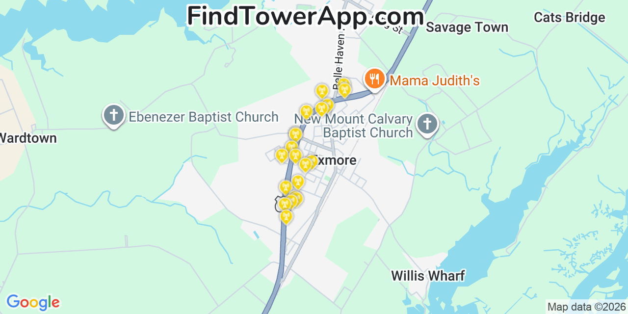 Map showing the 20 primary cell tower locations detected in Exmore, Virginia from AT&T, Verizon, and T-Mobile networks