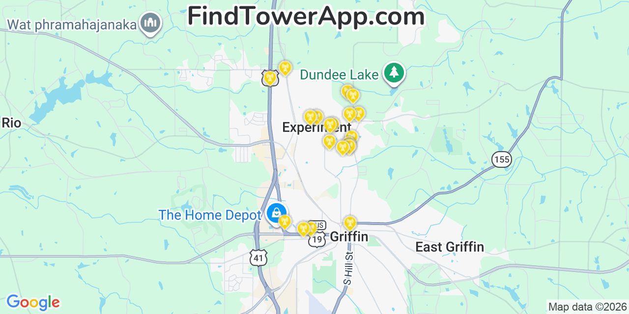Map showing the 20 primary cell tower locations detected in Experiment, Georgia from AT&T, Verizon, and T-Mobile networks