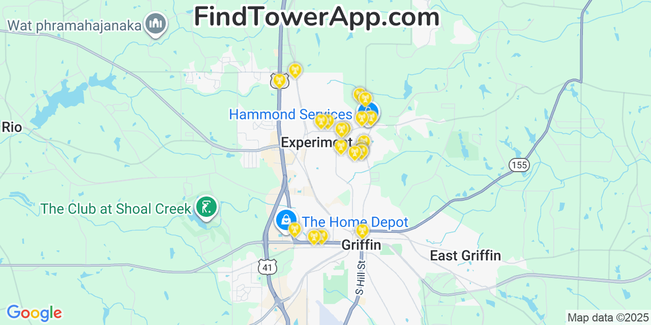Map showing the 20 primary Mobitel cell tower locations detected in Experiment, Georgia with coverage radius and signal strength indicators