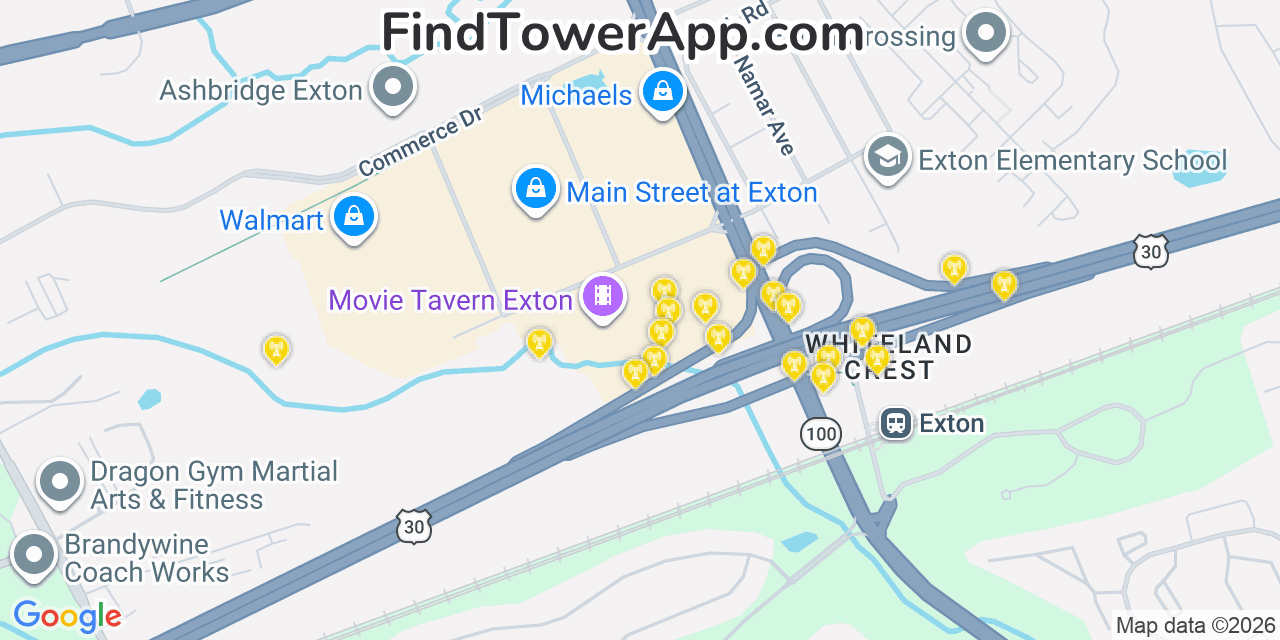 Map showing the 20 primary cell tower locations detected in Exton, Pennsylvania from AT&T, Verizon, and T-Mobile networks