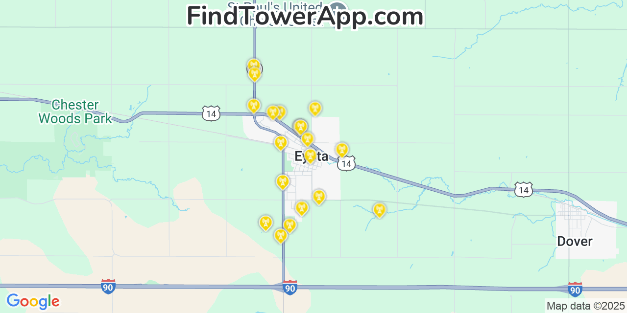 Map showing the 20 primary cell tower locations detected in Eyota, Minnesota from AT&T, Verizon, and T-Mobile networks