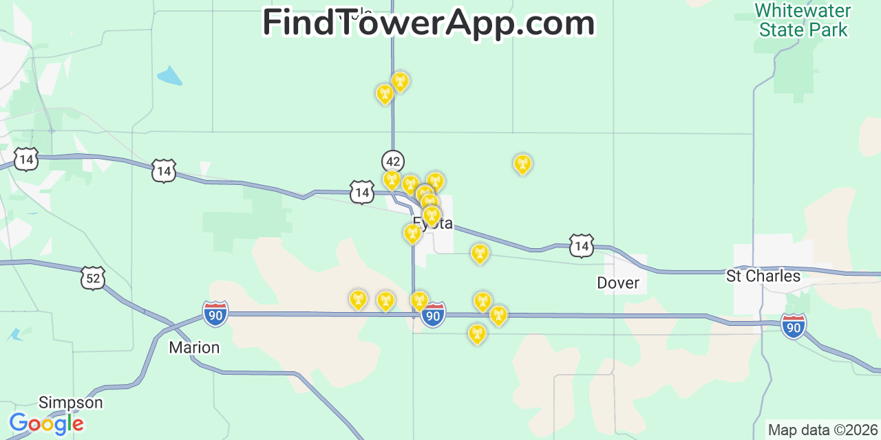 Map showing the 20 primary cell tower locations detected in Eyota, Minnesota from AT&T, Verizon, and T-Mobile networks