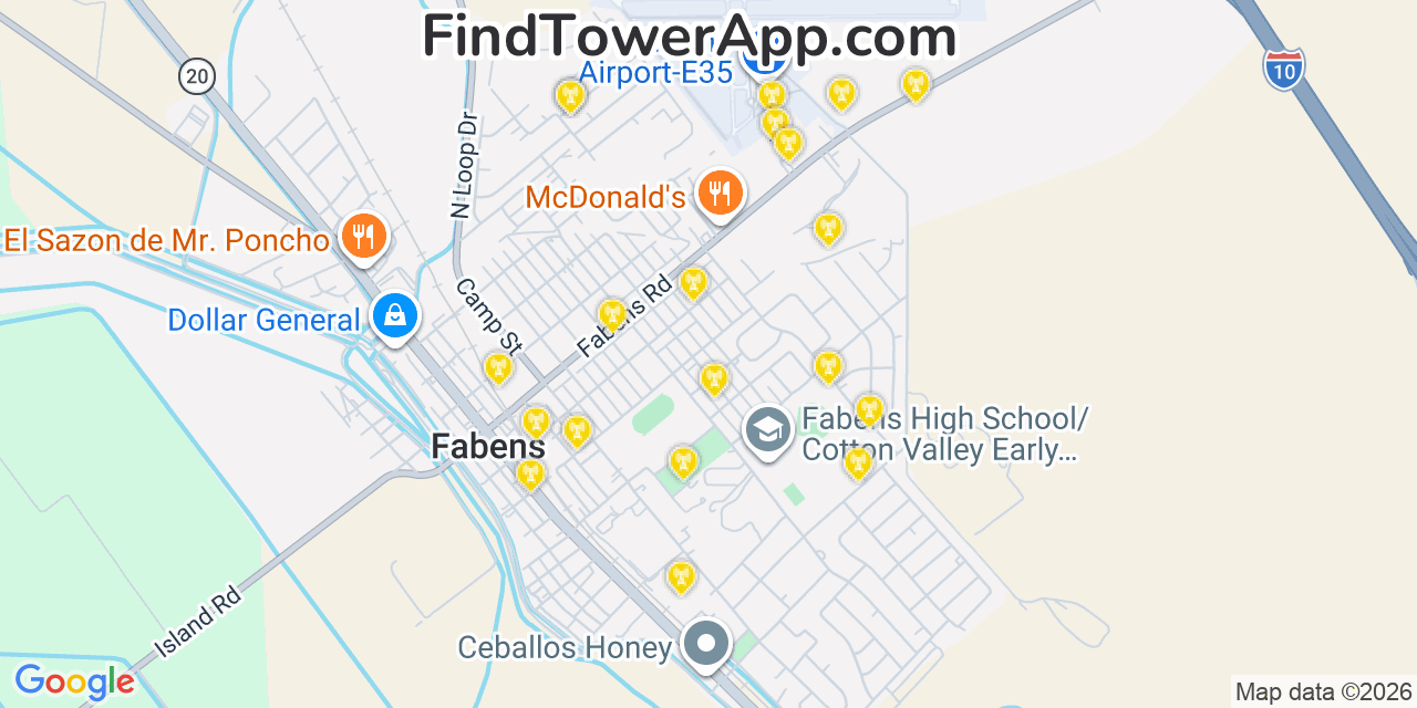 Map showing the 20 primary cell tower locations detected in Fabens, Texas from AT&T, Verizon, and T-Mobile networks