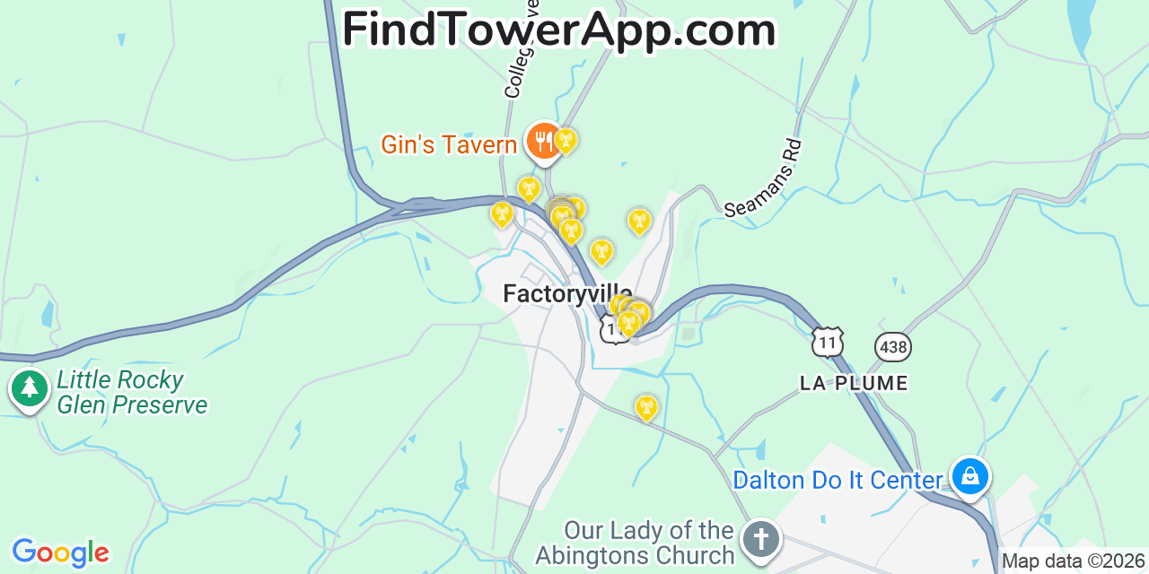 Map showing the 20 primary cell tower locations detected in Factoryville, Pennsylvania from AT&T, Verizon, and T-Mobile networks