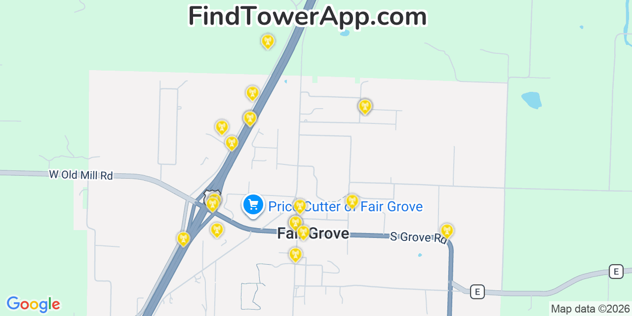 Map showing the 20 primary cell tower locations detected in Fair Grove, Missouri from AT&T, Verizon, and T-Mobile networks