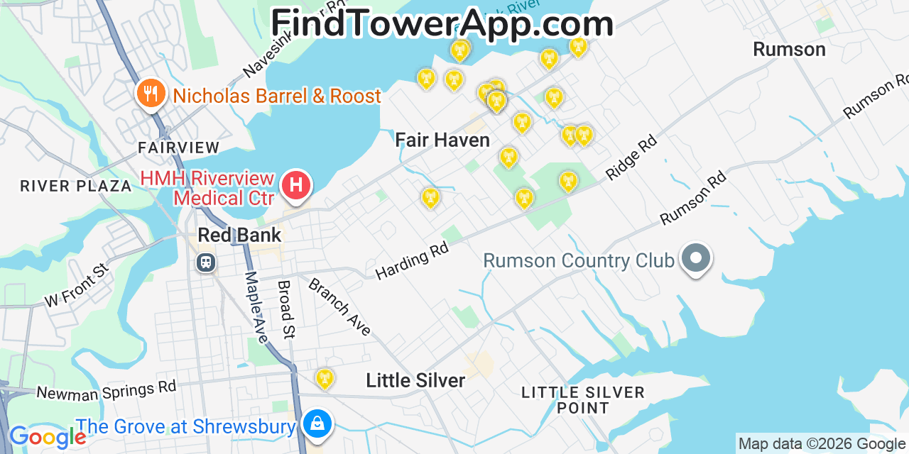 Map showing the 20 primary cell tower locations detected in Fair Haven, New Jersey from AT&T, Verizon, and T-Mobile networks