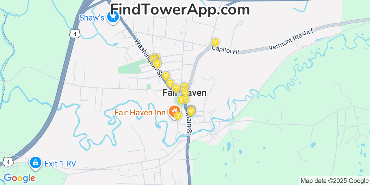 Map showing the 20 primary cell tower locations detected in Fair Haven, Vermont from AT&T, Verizon, and T-Mobile networks
