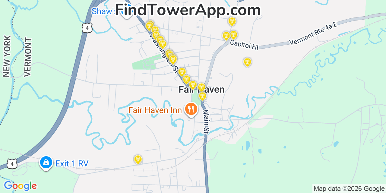 Map showing the 20 primary cell tower locations detected in Fair Haven, Vermont from AT&T, Verizon, and T-Mobile networks