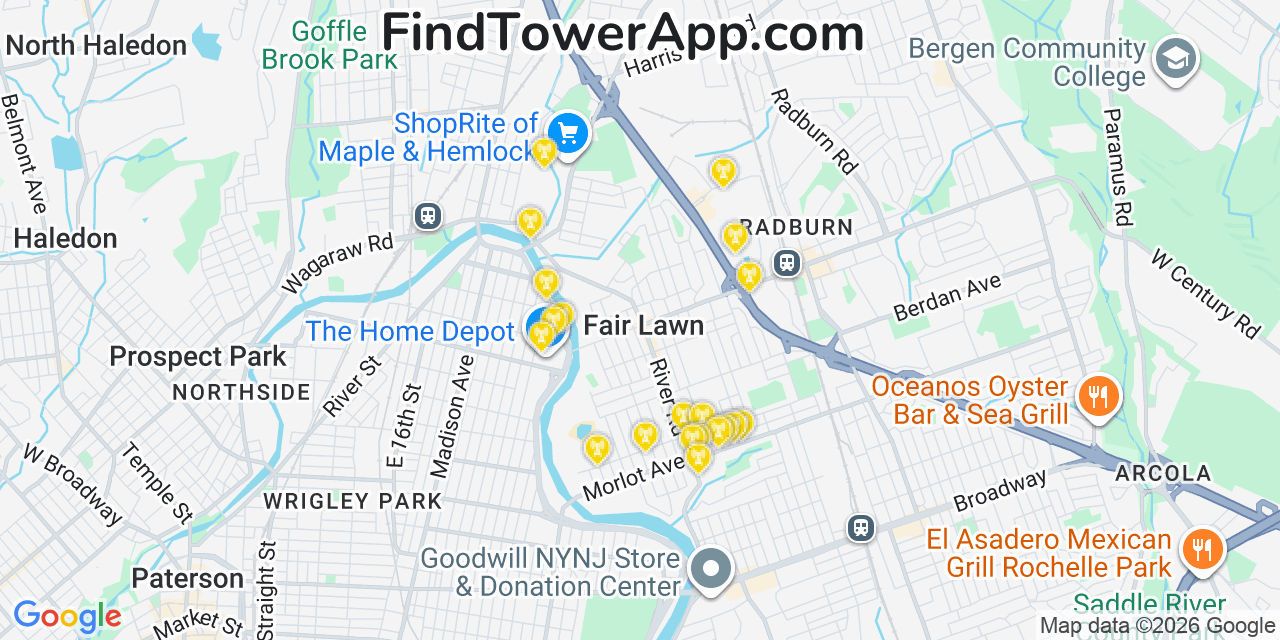 Map showing the 20 primary cell tower locations detected in Fair Lawn, New Jersey from AT&T, Verizon, and T-Mobile networks