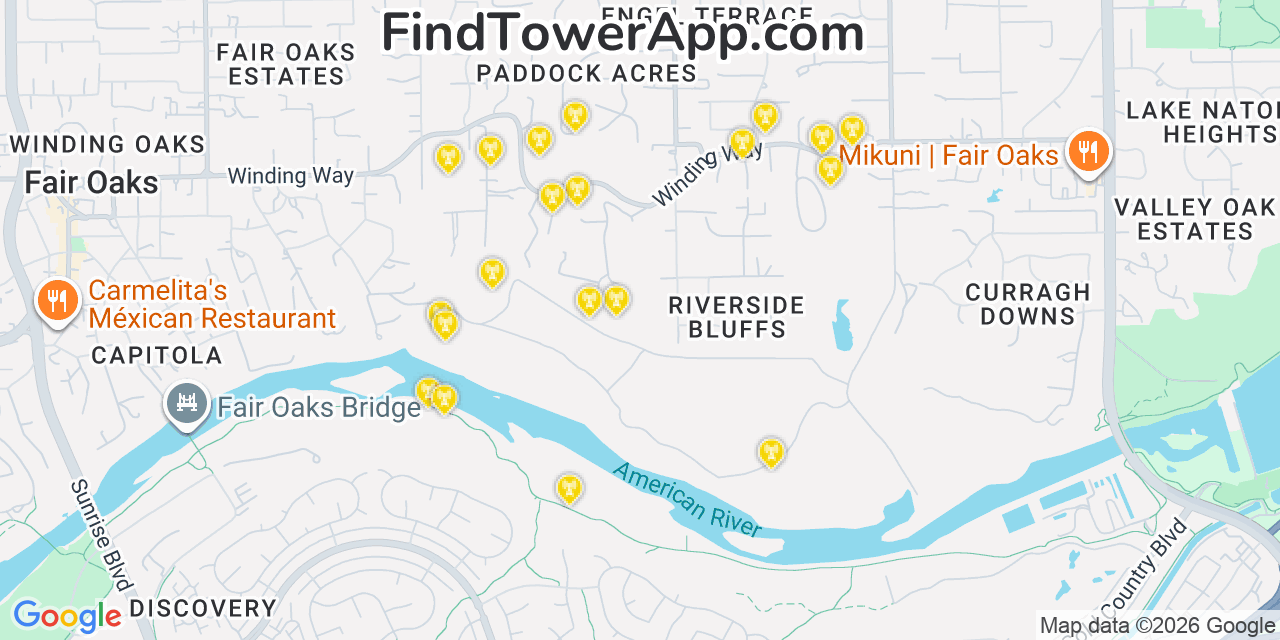 Map showing the 20 primary cell tower locations detected in Fair Oaks, California from AT&T, Verizon, and T-Mobile networks