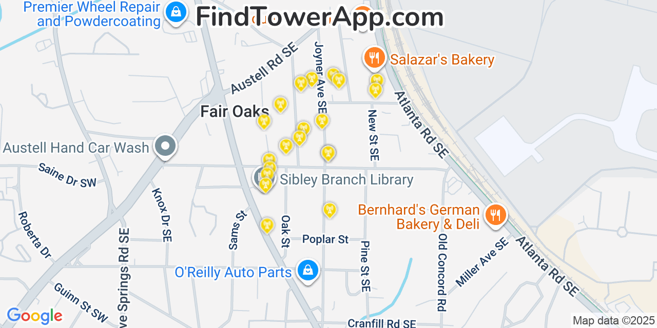 Map showing the 20 primary cell tower locations detected in Fair Oaks, Georgia from AT&T, Verizon, and T-Mobile networks