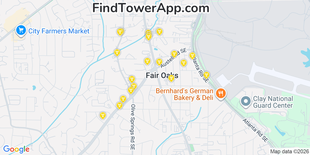 Map showing the 20 primary cell tower locations detected in Fair Oaks, Georgia from AT&T, Verizon, and T-Mobile networks