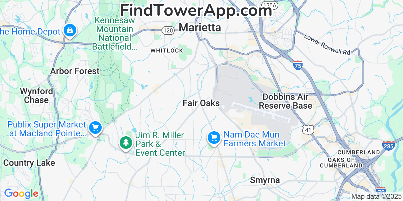 Map showing the 20 primary Mobitel cell tower locations detected in Fair Oaks, Georgia with coverage radius and signal strength indicators