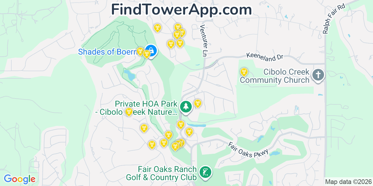 Map showing the 20 primary cell tower locations detected in Fair Oaks Ranch, Texas from AT&T, Verizon, and T-Mobile networks