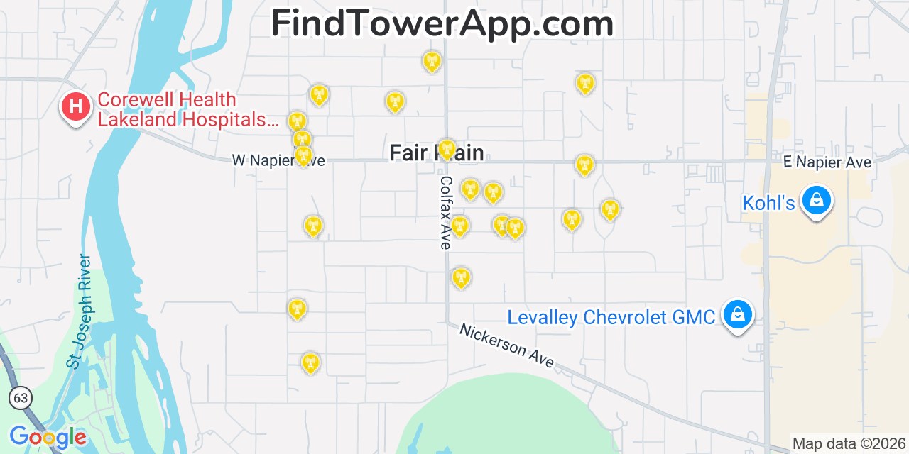 Map showing the 20 primary cell tower locations detected in Fair Plain, Michigan from AT&T, Verizon, and T-Mobile networks