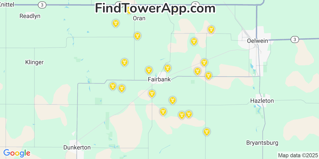 Map showing the 20 primary cell tower locations detected in Fairbank, Iowa from AT&T, Verizon, and T-Mobile networks