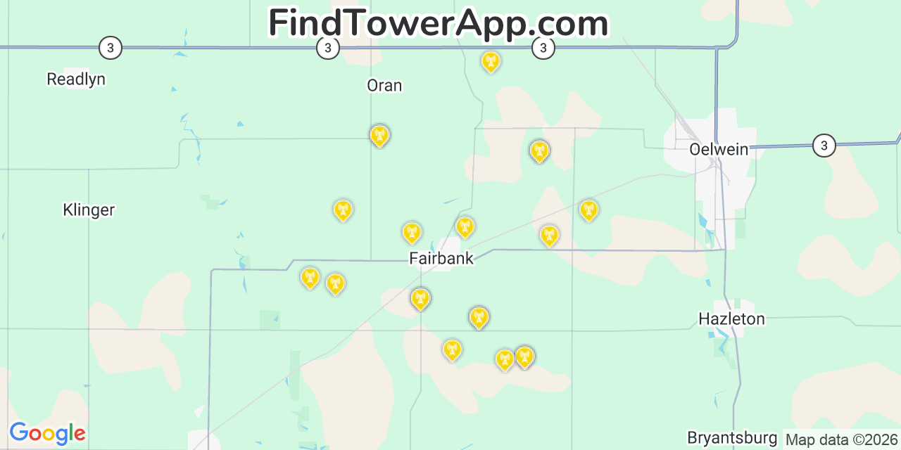 Map showing the 20 primary cell tower locations detected in Fairbank, Iowa from AT&T, Verizon, and T-Mobile networks