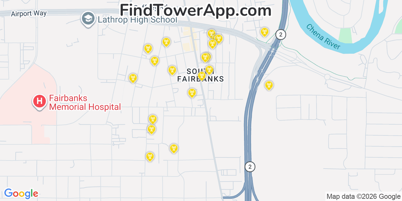 Map showing the 20 primary cell tower locations detected in Fairbanks, Alaska from AT&T, Verizon, and T-Mobile networks