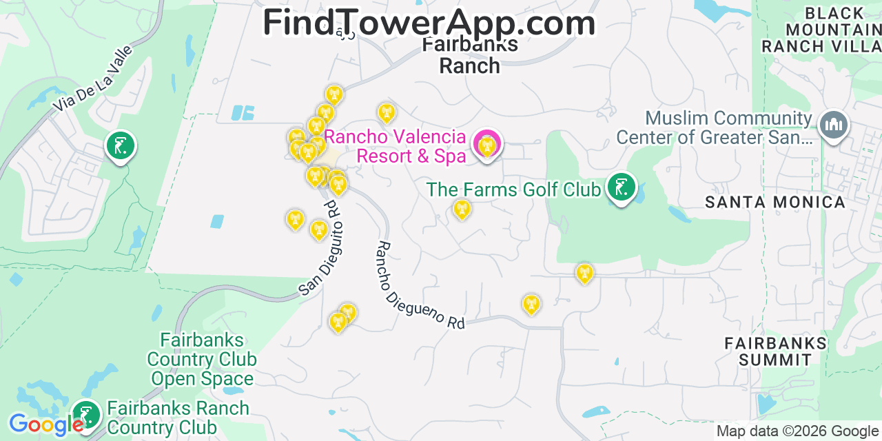 Map showing the 20 primary cell tower locations detected in Fairbanks Ranch, California from AT&T, Verizon, and T-Mobile networks