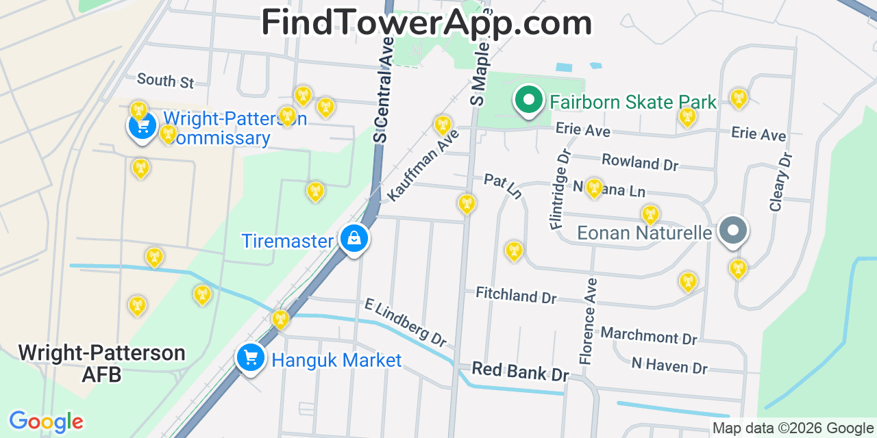 Map showing the 20 primary cell tower locations detected in Fairborn, Ohio from AT&T, Verizon, and T-Mobile networks