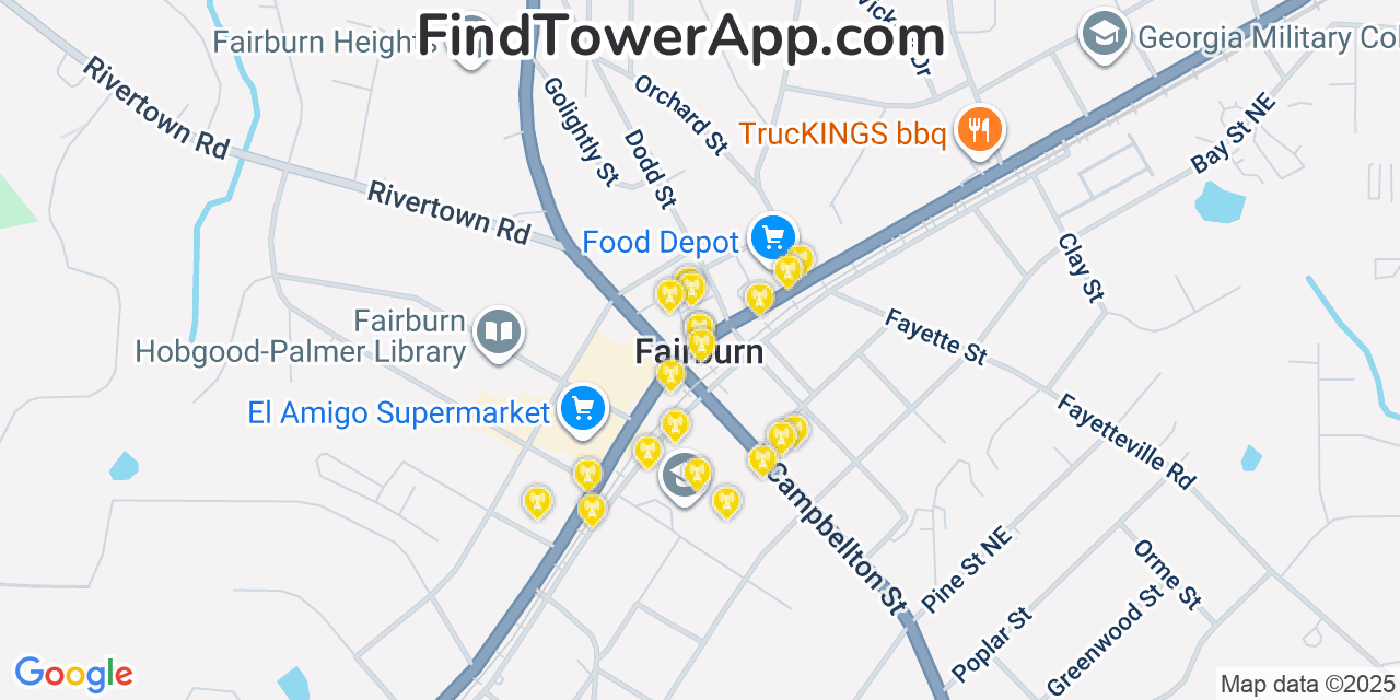 Map showing the 20 primary cell tower locations detected in Fairburn, Georgia from AT&T, Verizon, and T-Mobile networks