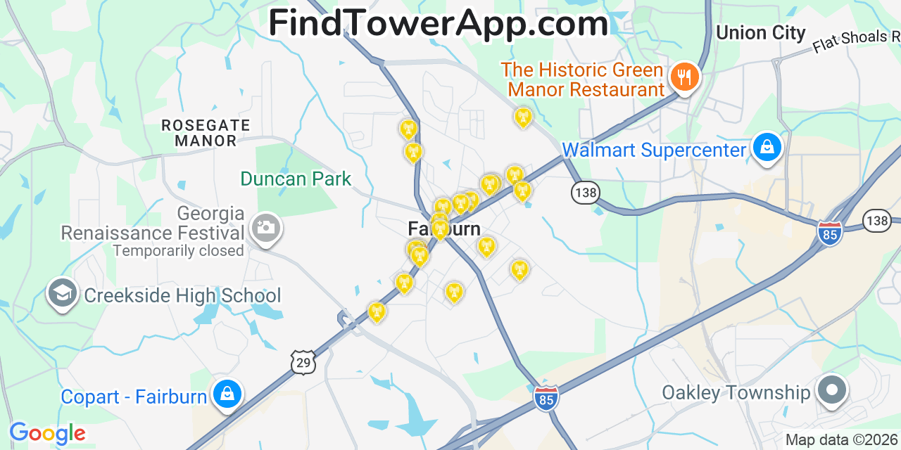 Map showing the 20 primary cell tower locations detected in Fairburn, Georgia from AT&T, Verizon, and T-Mobile networks
