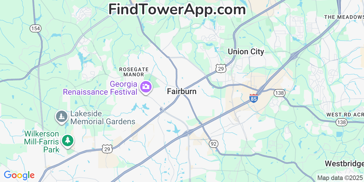 Map showing the 20 primary Mobitel cell tower locations detected in Fairburn, Georgia with coverage radius and signal strength indicators